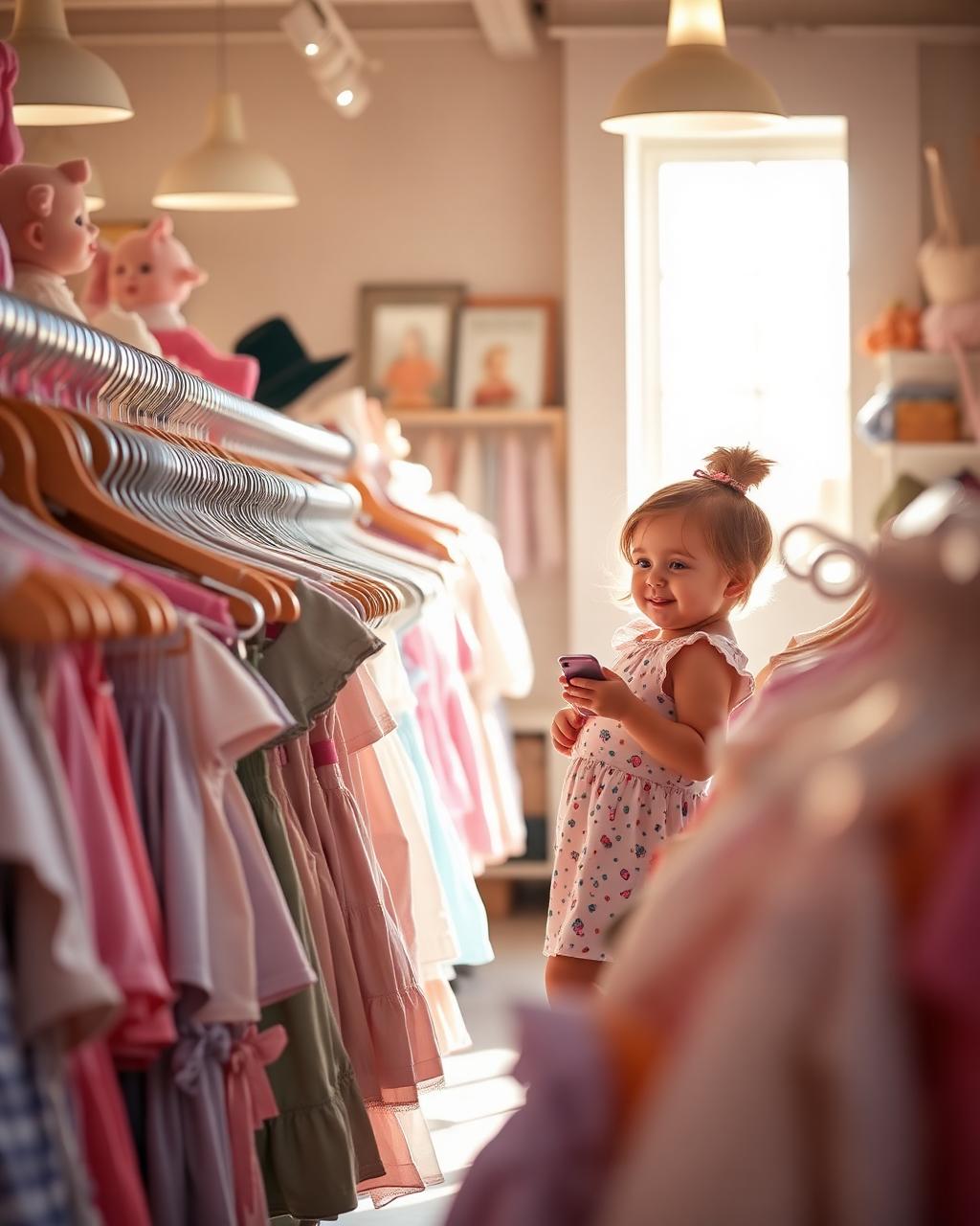 Mother and toddler shopping a sunlit children's consignment sale